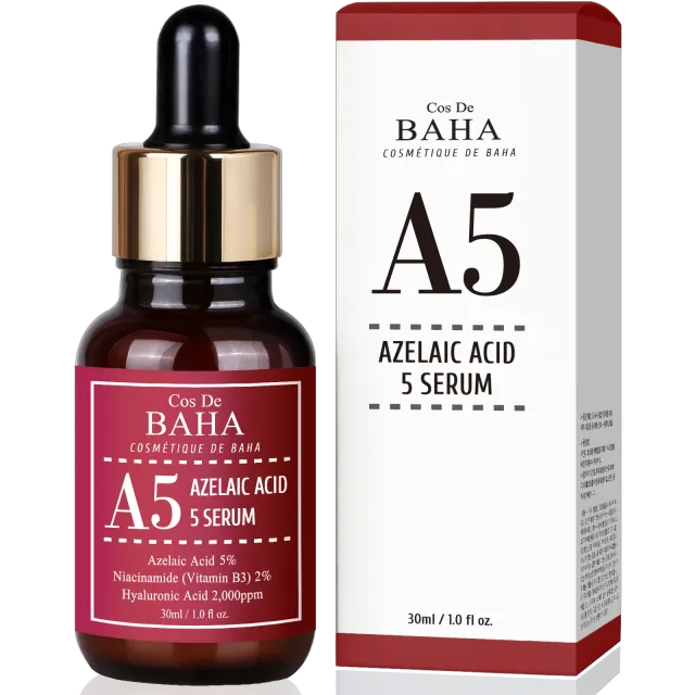 COS DE BAHA Azelaic Acid 5% Facial Serum with Niacinamide - Fast Rosacea Skin Care Product + Reduce Cystic Acne Scar + Redness Relief Face + Pimple Pigmentation Blackhead, 1 Fl Oz (30ml) (5% Azelaic Acid)