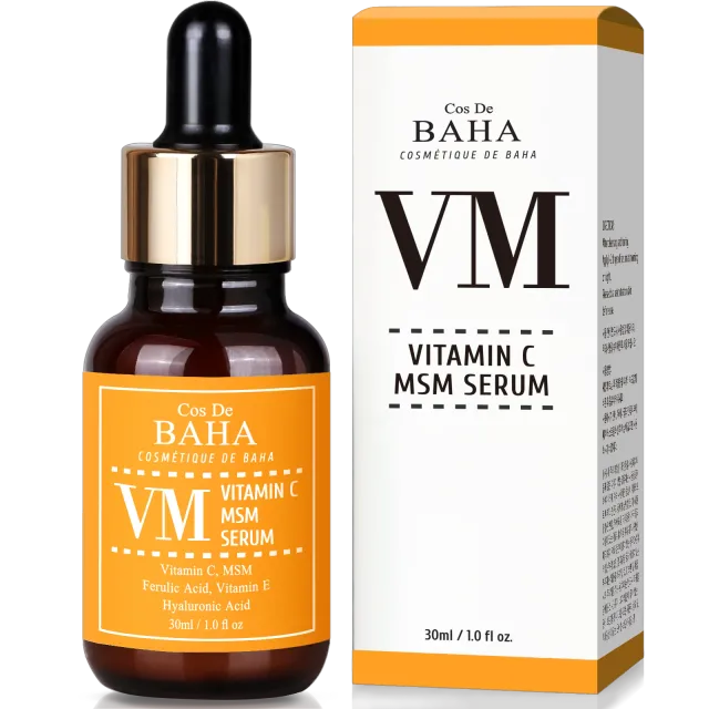 COS DE BAHA Vitamin C Facial Serum with MSM - for Fades Age Spots, Smoothing Fine Lines + Dark Spots, Pore Refining, Resurfacing, 1 Fl Oz (30ml)