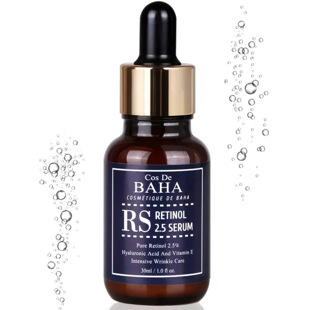 COS DE BAHA Retinol 2.5% Facial Serum with Vitamin E - Facial Crepe Erase + Diminishes Acne-prone + Age Spot Remover + Retinol Serum 2.5 High Strength for Face without a Prescription, 1oz/2oz (30ml/60ml)