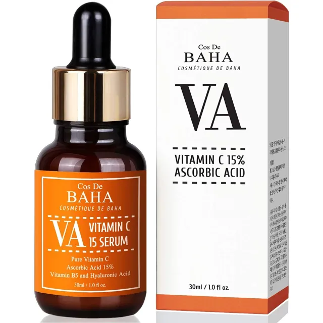 COS DE BAHA Vitamin C Facial Serum with L-Ascorbic Acid 15% + Vitamin B5 - Korean Skin Care for Fades Age Spots and Sun Damage + Dark Spots and Acne Scars, 1fl oz (30ml)